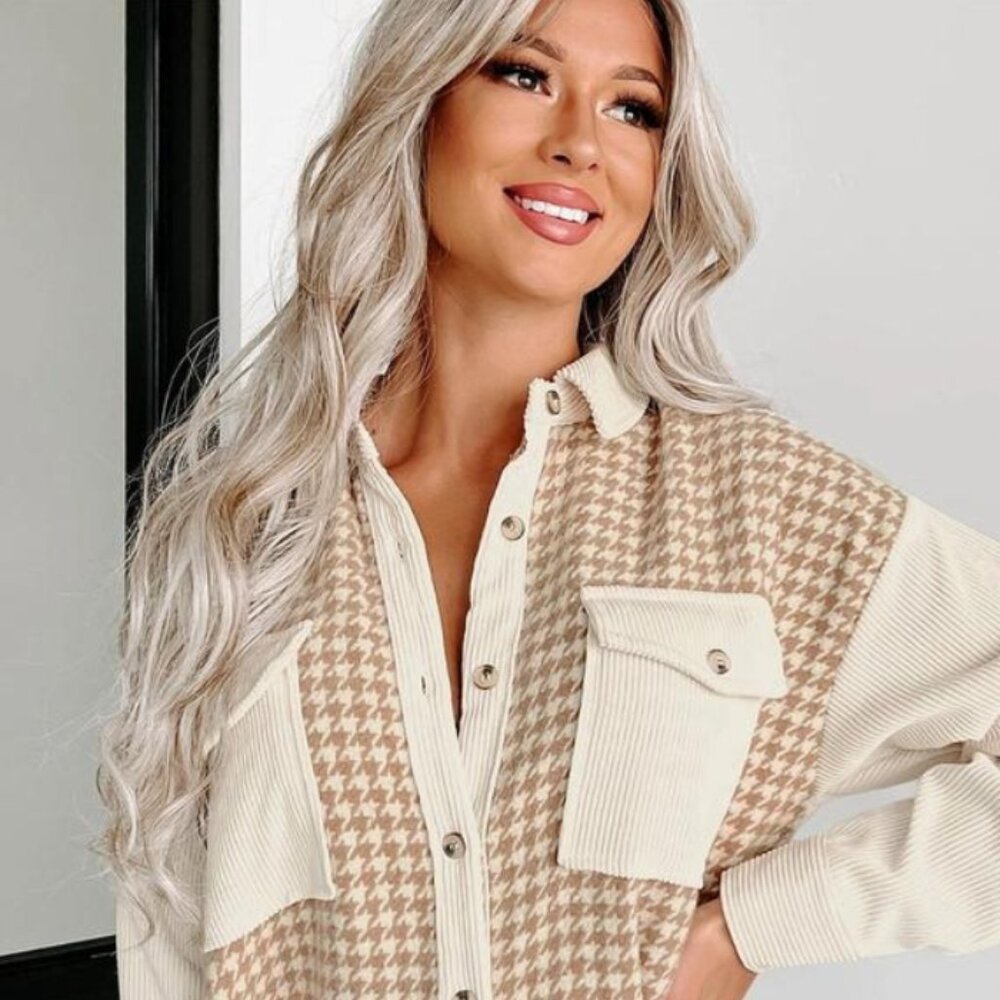 Parchment Houndstooth Corduroy Patchwork Flap Poc… - image 1